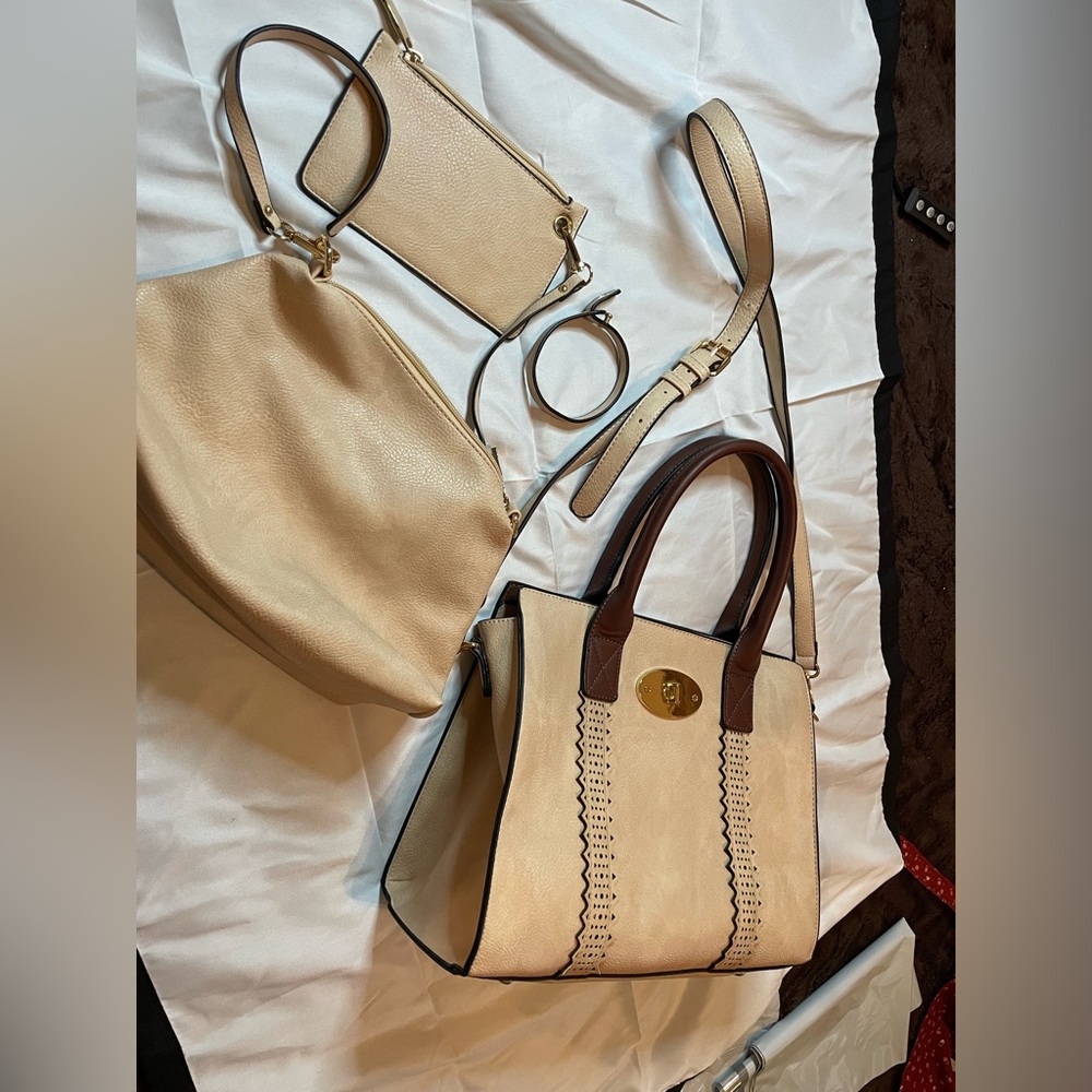 Studded 3 in 1 Turn-Lock Tote Bag 3P beige